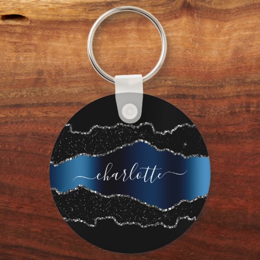 Porte-clés Noir marine bleu argenté marbre nom script (Verso)