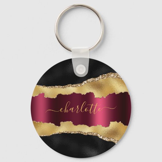 Porte-clés Noir or bordeaux agate marbre nom script (Verso)