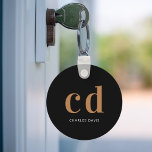 Porte-clés Noir or monogramme initiales nom minimaliste<br><div class="desc">Arrière - plan noir,  texte doré et blanc. Personnalisez et ajoutez vos initiales et votre nom de monogramme. Pour lui et elle.</div>