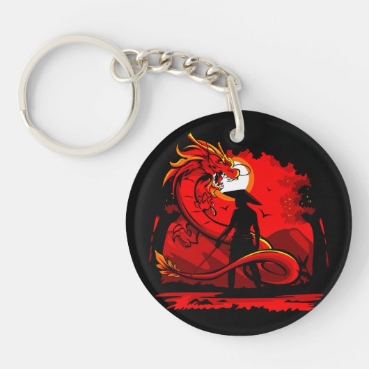 Porte-clés Noir Samurai Dragon Rouge Style japonais | (Devant)