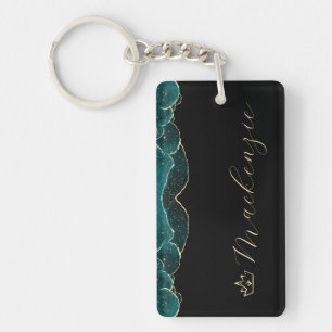 Porte-clés Noir, sarcelle et or Élégant Script Personnalisé