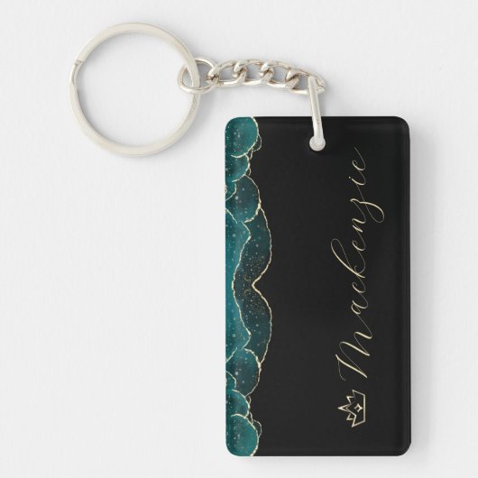 Porte-clés Noir, sarcelle et or Élégant Script Personnalisé (Devant)