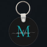 Porte-clés Noir Turquoise Nom Monogramme Élégant Script moder<br><div class="desc">Simple Noir Turquoise Vert Monogramme Élégant Porte - clé de script moderne</div>