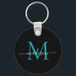 Porte-clés Noir Turquoise Nom Monogramme Élégant Script moder<br><div class="desc">Simple Noir Turquoise Vert Monogramme Élégant Porte - clé de script moderne</div>