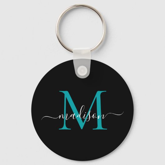 Porte-clés Noir Turquoise Nom Monogramme Élégant Script moder (Recto)