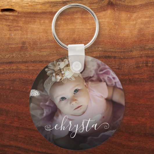 Porte-clés Nom customisé Bébé Photo Plutôt Chic Script (Recto)