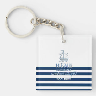 Porte-clés Nom de bateau nautique, ancre rayée bleu marine
