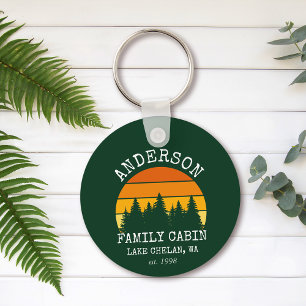 Porte-clés Nom de famille Pine Cabine Arbres Sunset Green