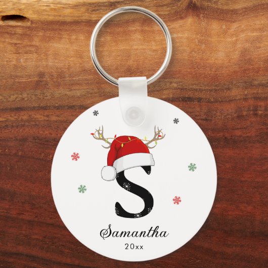 Porte-clés Nom de la lettre Santa Hat | Monogramme | Initiale (Verso)
