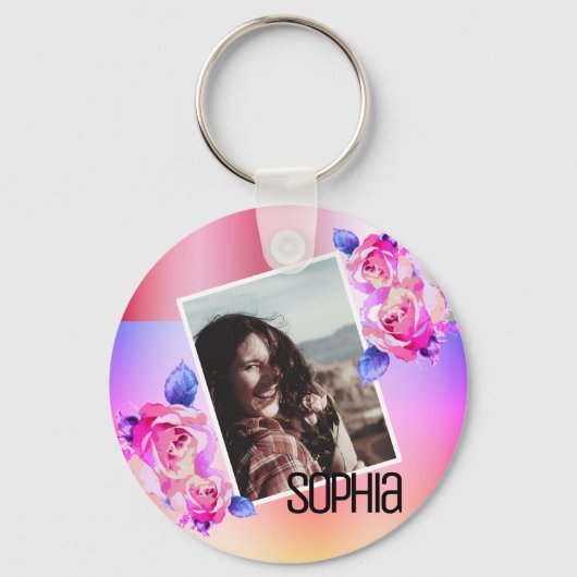 Porte-clés Nom de la photo Aquarelle Floral Fleurs roses Rose (Recto)
