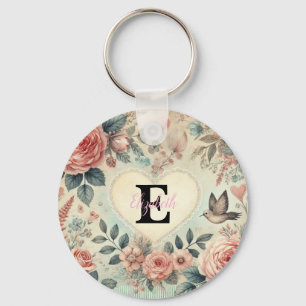 Porte-clés Nom de monogramme Coeurs vintages aquarelle floral