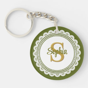 Porte-clés Nom de monogramme élégant en vert olive vintage en
