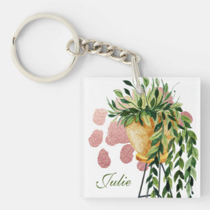 Porte-clés Nom de script de plante de pothos à l'aquarelle