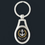 Porte-clés Nom du bateau Ancre Gold Style Laurel et Star Blac<br><div class="desc">Un porte - clé métallique personnalisé avec votre nom de bateau, nom de famille ou autre texte souhaité, selon les besoins. Doté d'une ancre nautique conçue sur mesure, de feuilles de laurier de style or et d'emblème d'étoile sur le noir ou de régler facilement la couleur primaire pour correspondre à...</div>