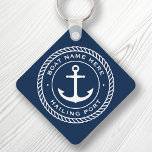 Porte-clés Nom du bateau et bordure de la corde d'ancre du po<br><div class="desc">Clavier pour votre bateau avec ancre blanche et élégante et emblème de corde avec votre nom de bateau personnalisé et port de voile sur un arrière - plan bleu foncé.</div>