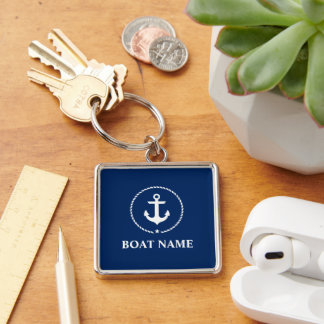 Porte-clés Nom du bateau nautique Ancre corde Carré bleu mari