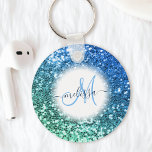 Porte-clés Nom du monogramme de sirène de Parties scintillant<br><div class="desc">Personnalisez facilement ce magnifique porte - clé de faux parties scintillant bleu brillant avec votre monogramme et nom de script manuscrit personnalisé.</div>
