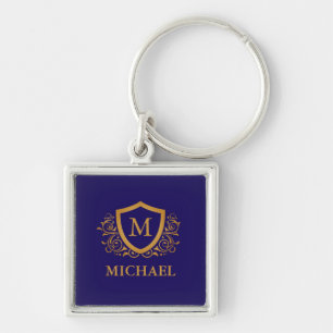 Porte-clés Nom du monogramme personnalisé bleu et or de la ma