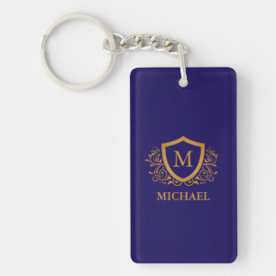 Porte-clés Nom du monogramme personnalisé bleu et or de la ma