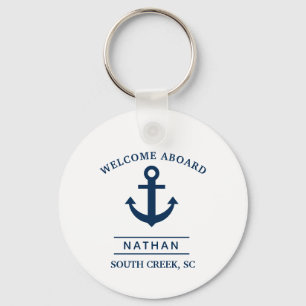 Porte-clés Nom du monogramme personnalisé Marine Blue Welcome