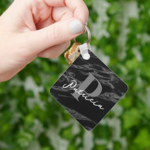 Porte-clés Nom élégant et moderne Noir marbré initial
