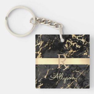 Porte-clés Nom et monogramme DIY, barre dorée, marbre noir et
