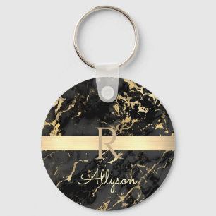 Porte-clés Nom et monogramme DIY, barre dorée, marbre noir et