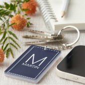 Porte-clés Nom et monogramme personnalisé moderne bleu marine (Devant droit)