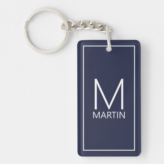 Porte-clés Nom et monogramme personnalisé moderne bleu marine (Devant)