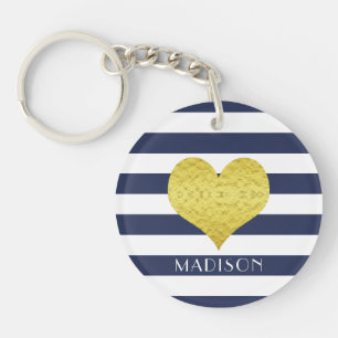 Porte-clés Nom Gold Heart Blue White Stripes Motif