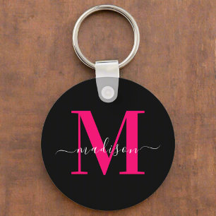 Porte-clés Nom initial unique l Noir & Gras Rose Monogramme