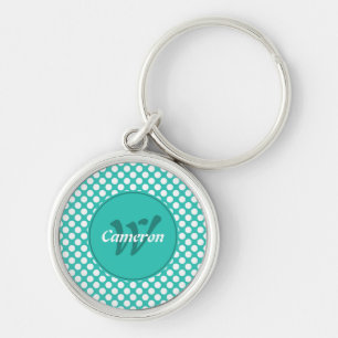 Porte-clés Nom moderne initial turquoise points blancs