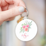 Porte-clés Nom Monogram Floral<br><div class="desc">Ce joli porte - clé est décoré d'un bouquet d'aquarelles de roses et de feuillage dans les tons rose,  corail et vert. Facile à personnaliser. Aquarelle originale © Michele Davies.</div>