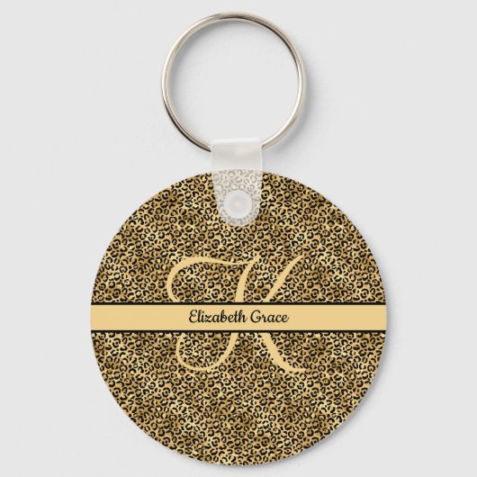 Porte-clés Nom Monogramme Imprimé Léopard Noir Or Guépard  (Recto)
