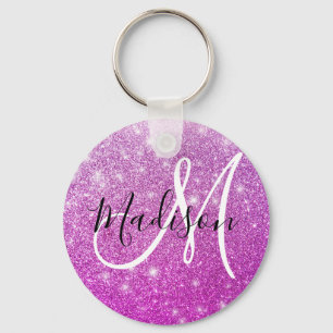 Porte-clés Nom monogramme paillettes violet Girly & Glam