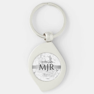 Porte-clés Nom noir grand monogramme, marbre blanc et gris