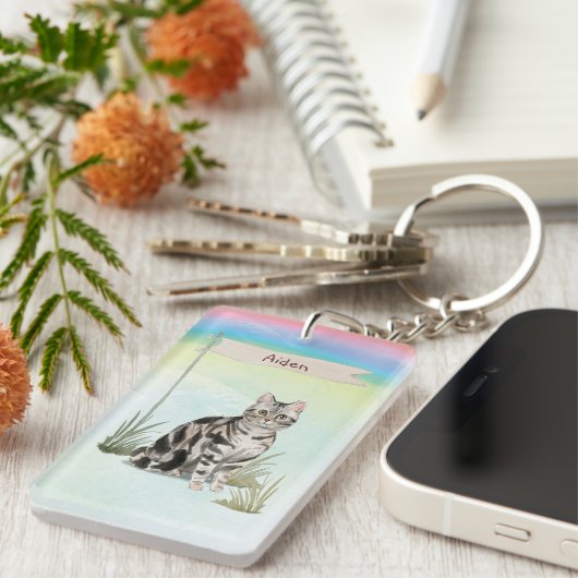 Porte-clés Nom personnalisé American Short cheveux Pet Cat (Devant droit)