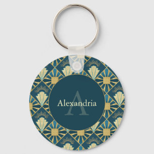 Porte-clés Nom personnalisé & Art Déco Monogramme Sarcelle &