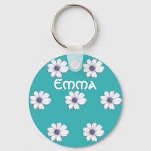 Porte-clés Nom personnalisé Bouton du motif de fleurs Turquoi