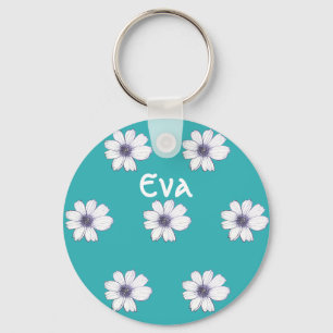Porte-clés Nom personnalisé Bouton du motif de fleurs Turquoi