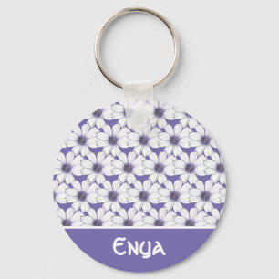 Porte-clés Nom personnalisé Bouton motif de fleurs violettes 