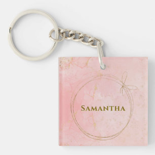 Porte-clés Nom personnalisé Carré rose et or