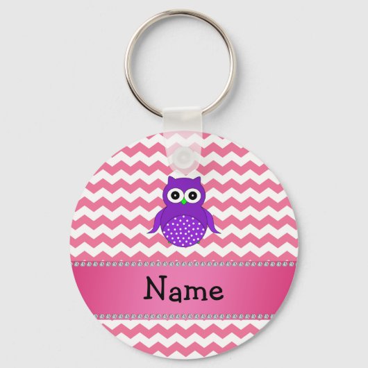 Porte-clés Nom personnalisé chevrons violet de hibou rose (Recto)