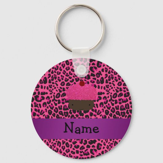 Porte-clés Nom personnalisé cupcake rose empreinte de léopard (Recto)