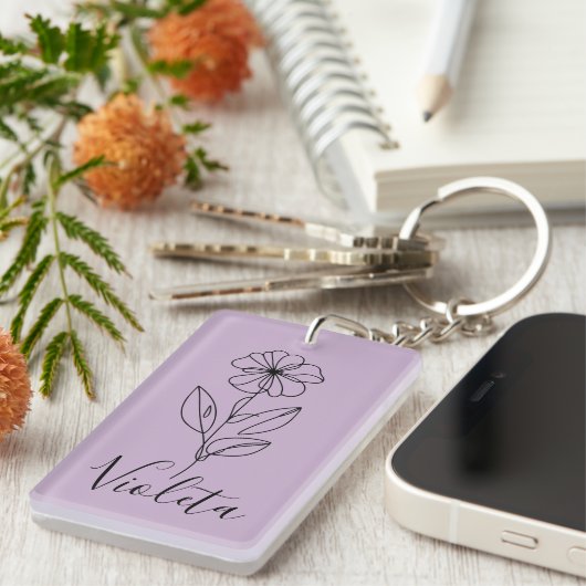 Porte-clés Nom personnalisé Février violet Fleur de naissance (Devant droit)