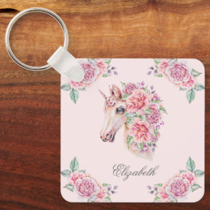 Porte-clés Nom personnalisé licorne florale aquarelle rustiqu