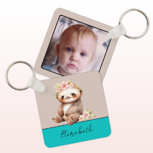 Porte-clés Nom personnalisé mignon paresse 1 photo turquoise