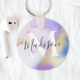 Porte-clés Nom personnalisé Monogram Purple Watercolor Glam