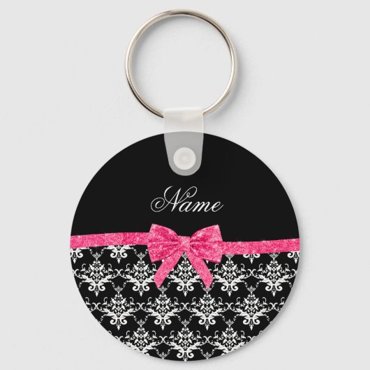 Porte-clés Nom personnalisé noir blanc damassé rose arc parti (Recto)