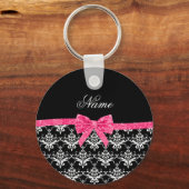 Porte-clés Nom personnalisé noir blanc damassé rose arc parti (Recto)